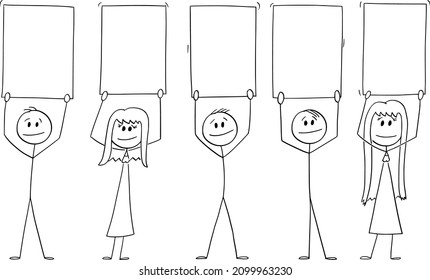 Team, Crowd Or Group Of People Or Businessmen Holding Empty Sign, Vector Cartoon Stick Figure Or Character Illustration.