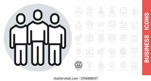 Icono de equipo, multitud o grupo de personas. Concepto de trabajo en equipo y cultura corporativa. Versión simple en blanco y negro de una serie de iconos de negocios