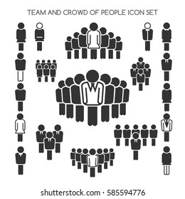 Team and crowd of people and single person icons set isolated on white. Vector illustration