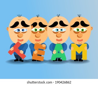 Team of cute big head people holding letters team. Vector. Business, teamwork concept.