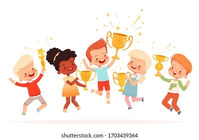 Team of cute children won the competition. Boys and girls won the gold cup and rejoice in victory. Teamwork concept for kids