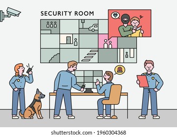 A team of cybercrime investigators are looking for criminals while watching cctv. flat design style minimal vector illustration.