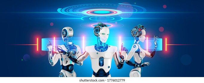 A team of cyborg robots works with a virtual 3d interface in cyberspace. An anthropomorphic bionic Android with artificial intelligence manages a team of workers. The fourth industrial revolution.