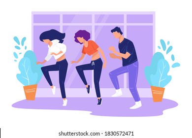 Team of dancers practicing performance, male and female characters dancing in club or studio. Hobby or entertainment of personage. Urban and contemporary entertainments, vector in flat style