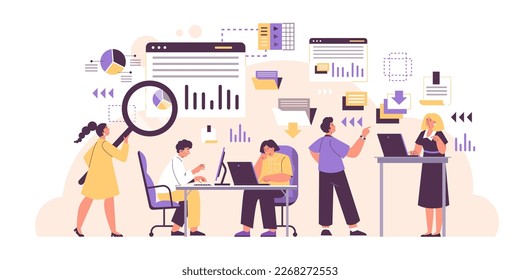Team of data scientists working, flat vector illustration isolated on white background. Office workers analyzing data and information, doing research with abstract magnifier.