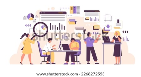 Team of data scientists working, flat vector illustration isolated on white background. Office workers analyzing data and information, doing research with abstract magnifier.