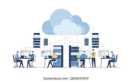Team of data specialists working on computers within a cloud computing server facility featuring rack units in a white setting.
