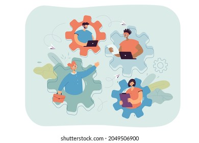 Team of dedicated people putting effort into work. Strong male and female characters inside gears flat vector illustration. Teamwork, cooperation concept for banner, website design or landing web page