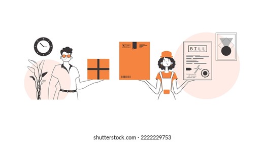 Team for the delivery of goods and parcels. Line art style.