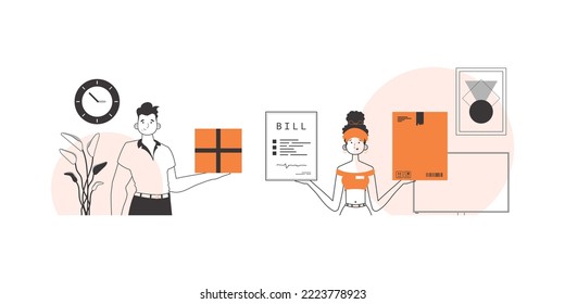 Team for the delivery of parcels and cargo. Linear style.