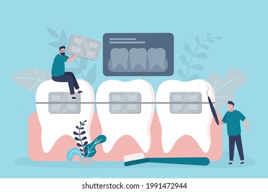 Team of dentists provides patient with orthodontic treatment. Orthodontist installs dental braces. Dentistry concept. X-ray picture of teeth. Braces system for straightening teeth. Vector illustration