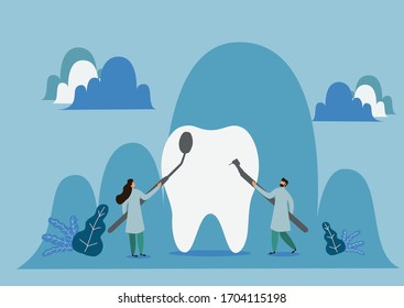 Team of dentists taking care of teeth. Small doctors examining, treating, cleaning, brushing big tooth. Vector illustration for cavity, caries, dental care, stomatology concept.