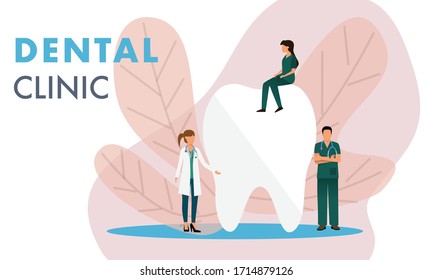 Team of dentists taking care of teeth. Small doctors examining, treating, cleaning, brushing big tooth. Vector illustration for cavity, caries, dental care, stomatology concept.