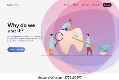 Team of dentists taking care of teeth. Small doctors examining, treating, cleaning, brushing big tooth. Vector illustration for cavity, caries, dental care, stomatology concept