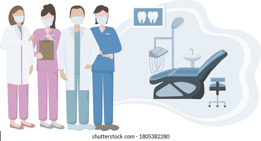 A team of dentists in uniform, and medical masks to protect against viruses and infection. In a dentist's office with a special medical chair and instruments. Information banner for the dental clinic.