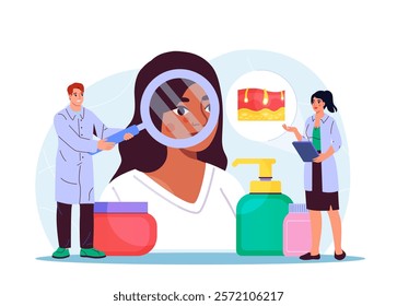 Team of dermatologists. Woman and man in medical uniform examining womens faces. Dermatology and cosmetology. Healthcare and medicine. Face lifting and facial cleansing. Flat vector illustration