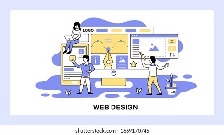 Team of designers develop new project. Web design and digital graphic concept. Drawing, logo, wireframe. Vector web site design template. Landing page website illustration