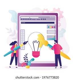 Team of designers draws on big tablet. App for drawing digital pictures on screen. Artist with brush paints light bulb. Concept of graphic design and working process. Flat vector illustration