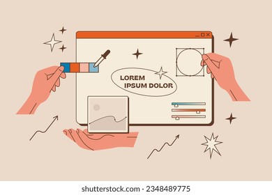 Team of designers illustrators working on project. Art studio teamwork process. Computer program interface for drawing graphic element. Professional software. Digital illustration. Vector illustration