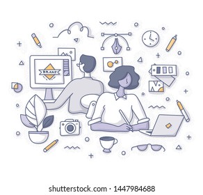 Team of designers working on new project at desks in creative office. They create logos, make sketches and use professional software. Designer workspace doodle vector concept