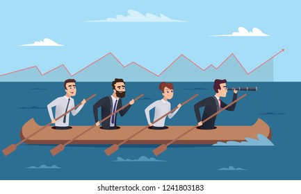 Team destination. Business successful managers group going to leader director vector concept illustrations