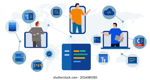 team of developer programmer coding working online globally agile connected software line of code on screen