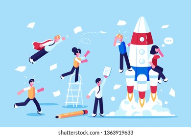 Team of developers beginning new startup vector illustration. People working on new challenging project flat style concept. Workers developing blueprint. Businness concept