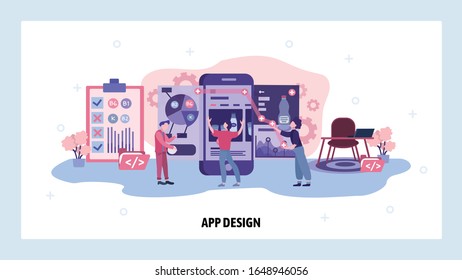 Team of developers build a food app for mobile phone. Teamwork, application design, online grocery store. Vector web site design template. Landing page website concept illustration