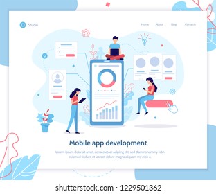 Team of developers construct mobile app. UI/UX design. Web banner design template. Flat vector illustration.