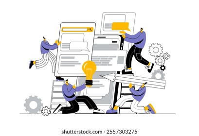 A team of developers, managers and designers creates a mobile app. The concept of a vector illustration in a flat style on the theme of mobile app development.