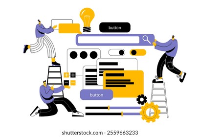 A team of developers, managers and designers creates a mobile app. The concept of a vector illustration in a cartoon on the theme of mobile app development.