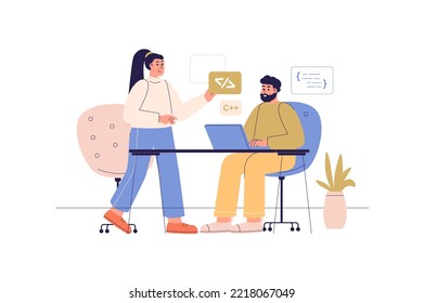 Team developers web concept with people scene. Man and woman creating software, discussing task and brainstorming, programming and coding. Character situation in flat design. Vector illustration.