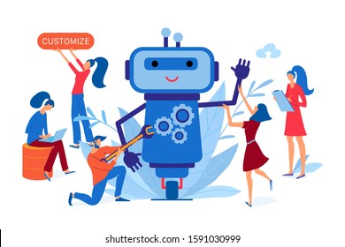 Team of developers working on a chatbot, customized chat bot development landing page, flat style vector illustration. Bit, chatbot, robot development, customisation process, artificial intelligence