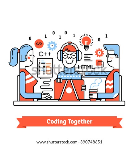 Team of developers working together on a new technology business project startup. Design, programming and management sitting at the same desk. Thin line art flat illustration with icons.