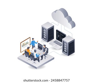 The team is developing a cloud server application, infographic 3d illustration flat isometric