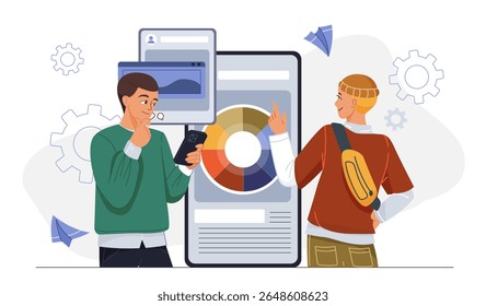 Equipe desenvolvendo aplicativo móvel. Dois homens perto do smartphone com paleta de cores. Programadores e designers gráficos desenvolvem interface. Codificação e programação. Ilustração de vetor plano