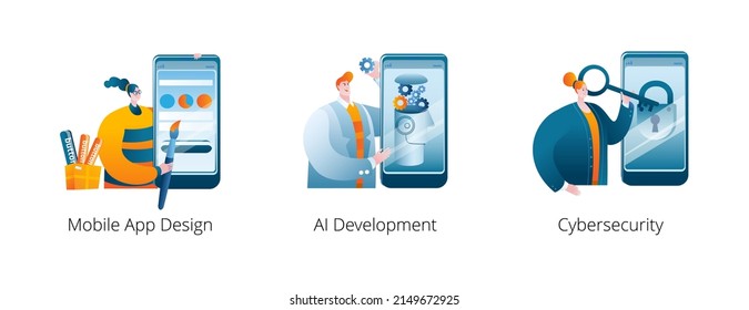 The team is developing a mobile application. A set of vector illustrations.