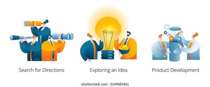 The team is developing a new project. A set of vector illustrations in cartoon style.