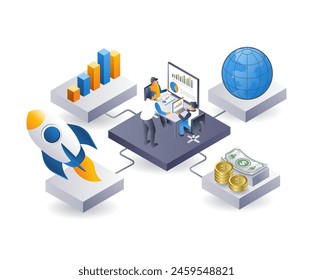 Team developing technology startup business, infographic flat isometric 3d illustration