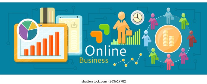 Team development of the company and earning money. Online business. Concept in flat design style. Can be used for web banners, marketing and promotional materials, presentation templates