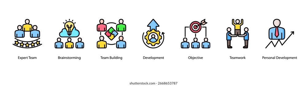 Team Development web banner vector illustration featuring Expert Team, Brainstorming, Team Building, Development, Objective, Teamwork, and Personal Development.
