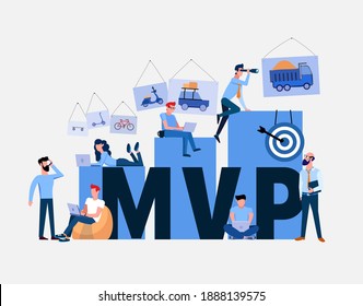 The team develops MVP, Minimum viable product. Developers, system architects, analysts, designers and managers are working on a new product for users. A startup and its growth and market demand.