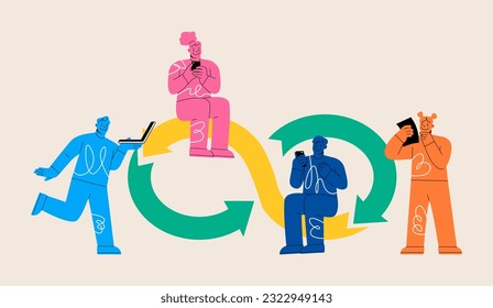 A team of devops engineers is working. Working cycle to operate and support, software management concept. Colorful vector illustration
