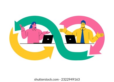 A team of devops engineers is working. Working cycle to operate and support, software management concept. Flat vector illustration isolated on white background
