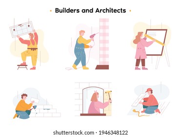 A team of different craftsmen who decorate the house. An architect with a large ruler draws a sketch on a blackboard. A girl paints the walls with a roller. Uniformed worker drills the wall. Vector