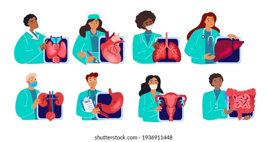 Team of Different Doctors.Endocrinologist,Gynecologist,Cardiologist,Gastroenterologist,Hepatologist, Nephrologist.Hospital Medicine Consultation. Surgeons Medical Insurance Treatment.Flat Illustration