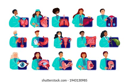 Team of Different Doctors.Endocrinologist,Gynecologist,Cardiologist,Gastroenterologist,Hepatologist, Nephrologist.Hospital Medicine Consultation. Surgeons Medical Insurance Treatment.Flat Illustration