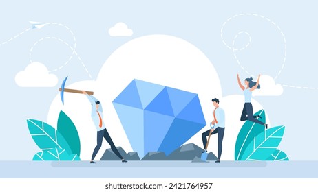 A team digs a diamond out of the ground with pickaxe and shovel. Businessman digging and mining to find treasure. Hard Worker. Business concept of persistent work will gain result. Vector illustration