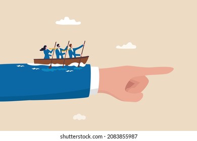Team direction, business decision or leadership, guidance or strategy to achieve success, determination and inspiration concept, business people team members sailing ship on boss pointing direction.