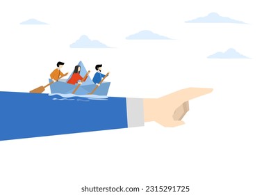 Team direction, guide or strategy to achieve success, business or leadership decision, determination and inspiration concept, business team members sailing over boss sign.